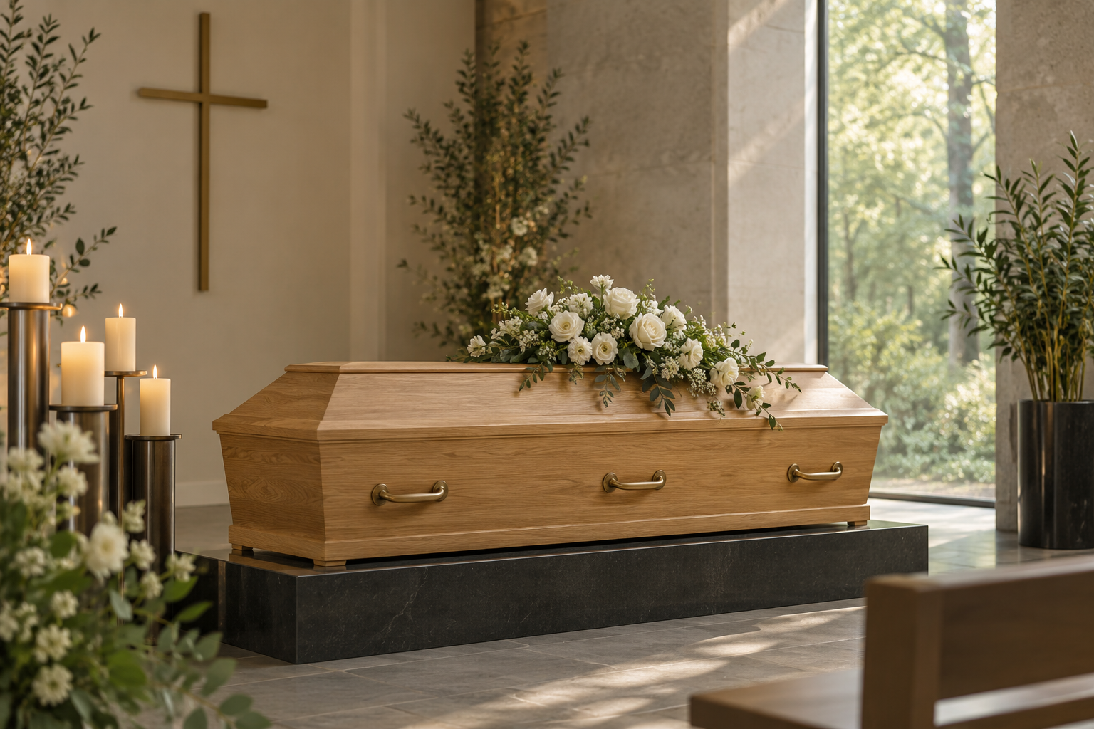 Geschlossener Holzsarg mit weißen Blumen in einem ruhigen Abschiedsraum