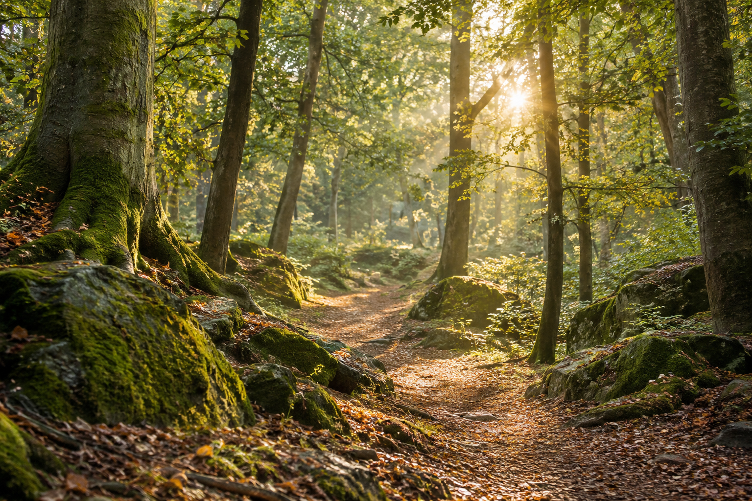 Licht fällt zwischen alten Laubbäumen auf einen stillen Waldweg